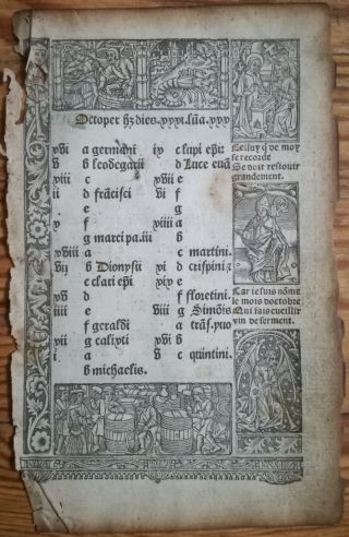 Book of Hours Leaf Vostre Horae Calendar Octoper November Paris 1501 3