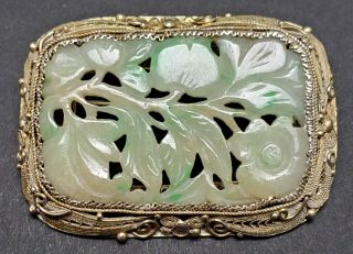 ANTIQUE CHINESE CARVED WHITE & GREEN JADE SILVER FILIGREE MOUNTED BROOCH PENDANT 10