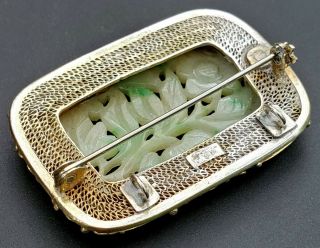 ANTIQUE CHINESE CARVED WHITE & GREEN JADE SILVER FILIGREE MOUNTED BROOCH PENDANT 12