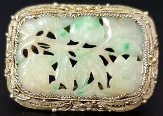 Antique Chinese Carved White & Green Jade Silver Filigree Mounted Brooch Pendant