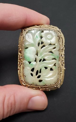 ANTIQUE CHINESE CARVED WHITE & GREEN JADE SILVER FILIGREE MOUNTED BROOCH PENDANT 2