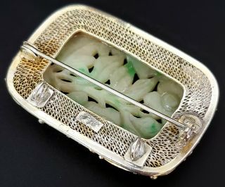 ANTIQUE CHINESE CARVED WHITE & GREEN JADE SILVER FILIGREE MOUNTED BROOCH PENDANT 3