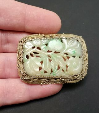 ANTIQUE CHINESE CARVED WHITE & GREEN JADE SILVER FILIGREE MOUNTED BROOCH PENDANT 4