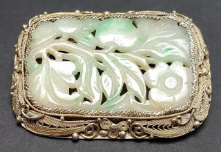ANTIQUE CHINESE CARVED WHITE & GREEN JADE SILVER FILIGREE MOUNTED BROOCH PENDANT 5