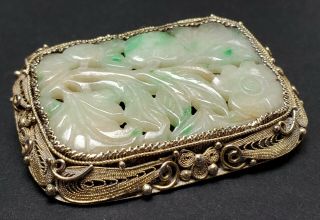 ANTIQUE CHINESE CARVED WHITE & GREEN JADE SILVER FILIGREE MOUNTED BROOCH PENDANT 6