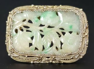 ANTIQUE CHINESE CARVED WHITE & GREEN JADE SILVER FILIGREE MOUNTED BROOCH PENDANT 7