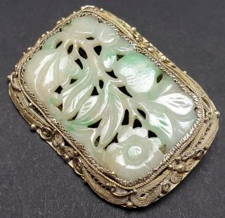 ANTIQUE CHINESE CARVED WHITE & GREEN JADE SILVER FILIGREE MOUNTED BROOCH PENDANT 9