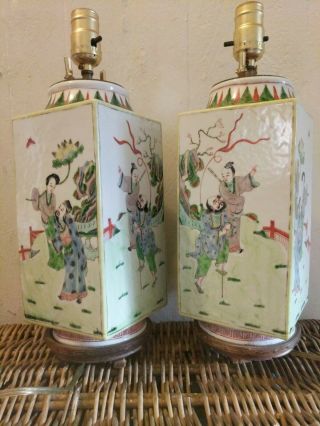 Stunning Pair Antique Chinese Famille Rose Porcelain Vase Lamps On Wood Bases