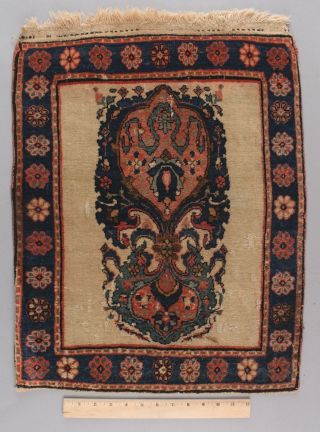 Small Antique Hand Woven Wool Mat,  Ivory Field Oriental Rug.