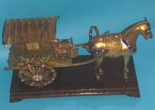 Great Chinese Gold Gilt Silver Filigree Coral Enamel Horse Figure Carriage