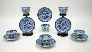 6 Chinese Blue/white Export Porcelain Fish Pattern Tea Bowls & Saucers C.  1800