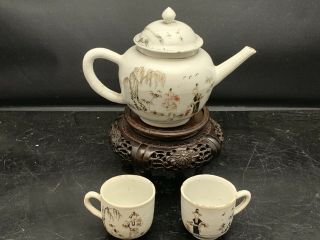 Antique Chinese Canton Porcelain Black Teapot And 2 Cups 18th Century