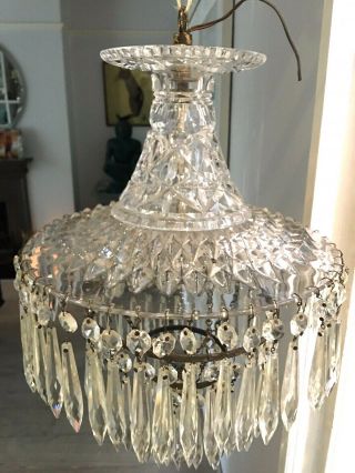 Large Hobnail Cut Glass Crystal Waterfall Icicle Antique Chandelier