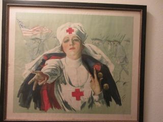 Antique Wwi Harrison Fisher Red Cross Poster Signed Professional Framed