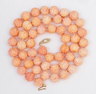Vintage 28 " Hand Knotted Chinese Salmon Coral Shou Bead Necklace 107g