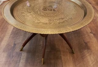 Vintage Mid Century Round Brass Tray Table Spider Leg Base Moroccan Oriental