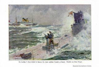 German Submarine Stops Englishman Claus Bergen German Marine Artist Print C.  1917