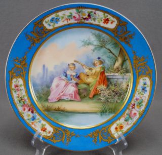 Sevres Style Hand Painted Courting Couple Celeste Blue Floral & Gold Plate A