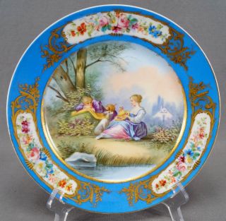 Sevres Style Hand Painted Courting Couple Celeste Blue Floral & Gold Plate D