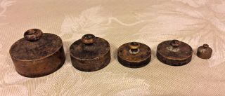 5 Antique Weights Brass Various Sizes 40 Grains & 20 Grams To 100 Grams