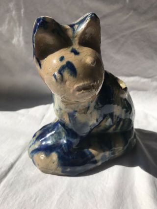 19th Century American Antique Stoneware Primitive Cat Cobalt Blue Drip Glaze 4