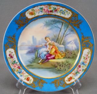Sevres Style Hand Painted Courting Couple Celeste Blue Floral & Gold Plate C