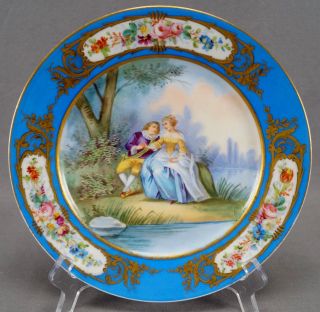 Sevres Style Hand Painted Courting Couple Celeste Blue Floral & Gold Plate B