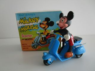 1970s Marx Friction Motor Mickey Mouse On Toy Scooter W Orig Box