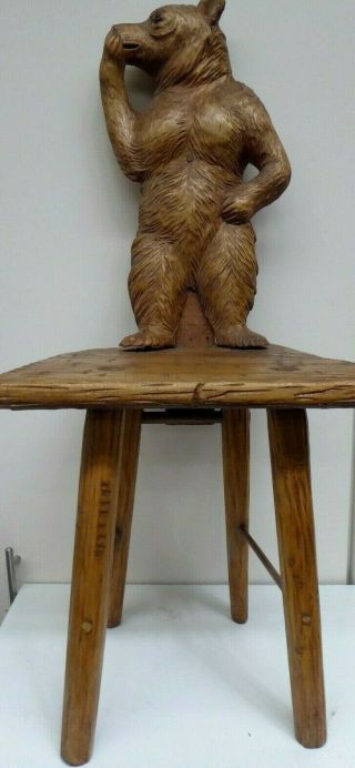 Antique Black Forest Carved Bear Chair Stool Early Carving Wooden Collectors