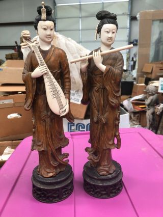 Antique Oriental Chinese Hand Carved Wood And Bovine Bone Women Musicians