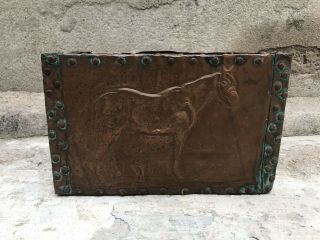 Antique Wood Box,  Copper Sheet With Horse Drawings