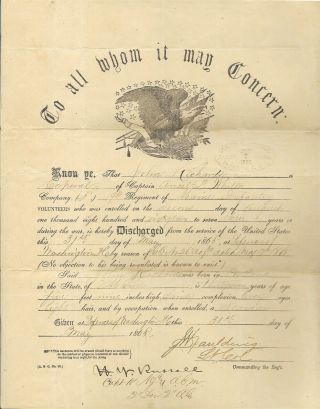 May 31,  1865 Civil War Discharge Company A 19th Regiment Maine Infantry