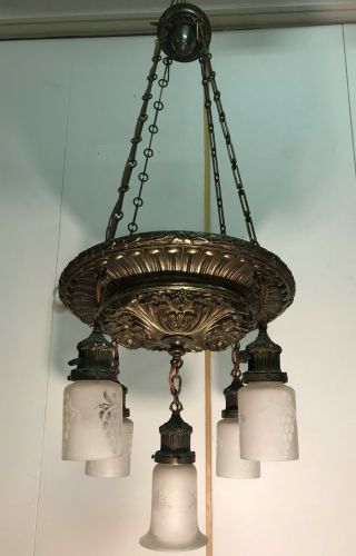 Antique Victorian 5 Light Pan Acanthus Rosette Chandelier Etched Glass Shade