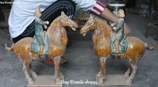 16 " Tang Sancai Pottery Porcelain Ancient Butterfly Man Person Horse Statue Pair