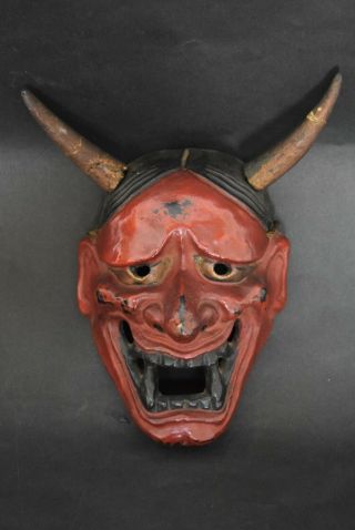 Japanese Antique Wood Hand Carved Devil Hannya Omen Mask (b174) カネ5