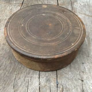 Early Primitive Wooden Treen Round Box With Mirror Inside Lid Powder Holder