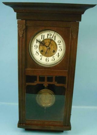 Antique German Kienzle Mahogany Mission Style Wall 8 Day Clock W/ Key