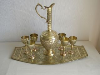 Finest Antique Qajar Persian Chased Brass Wine Set - Ewer Cups Tray