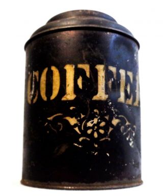 LATE 19TH - EARLY 20TH C ANTIQUE STENCILED SM BLACK COFFEE TIN,  W/HINGED COVER LID 12