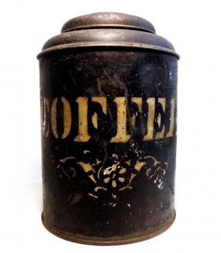 LATE 19TH - EARLY 20TH C ANTIQUE STENCILED SM BLACK COFFEE TIN,  W/HINGED COVER LID 4