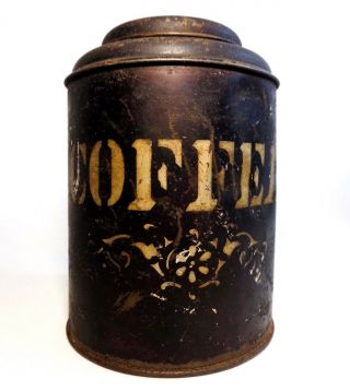 LATE 19TH - EARLY 20TH C ANTIQUE STENCILED SM BLACK COFFEE TIN,  W/HINGED COVER LID 5