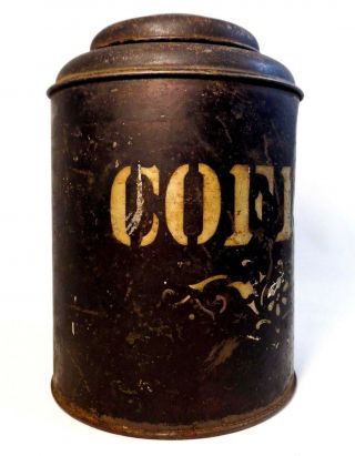 LATE 19TH - EARLY 20TH C ANTIQUE STENCILED SM BLACK COFFEE TIN,  W/HINGED COVER LID 6