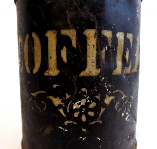 LATE 19TH - EARLY 20TH C ANTIQUE STENCILED SM BLACK COFFEE TIN,  W/HINGED COVER LID 8