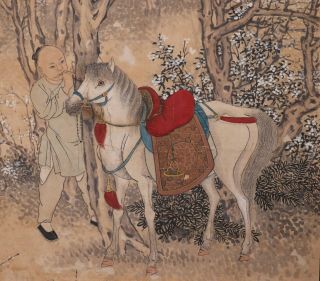 Antique 19th Century Chinese Framed Painting On Paper Of Man And Horse