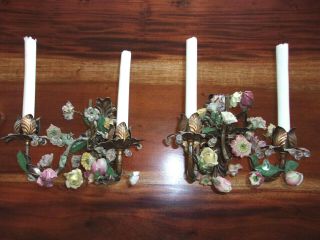 Pr Vintage Wall Sconces 2 Candle Light With Porcelain Flowers & Metal Leaves