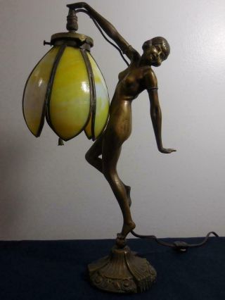 Art Deco Figural Lamp With Slag Glass Shade - Circa 1920