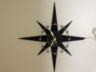 Vtg Mid Century Modern Spartus Black Starburst Atomic Wall Clock Space Age