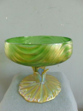 VINTAGE LOETZ STYLE IRIDESCENT GREEN ART GLASS COMPOTE 4