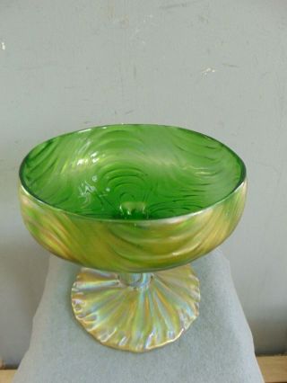 VINTAGE LOETZ STYLE IRIDESCENT GREEN ART GLASS COMPOTE 7