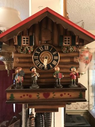 Antique Musical 3 Weight Cuckoo Clock Rotating Band Made In Germany - 24 Hour